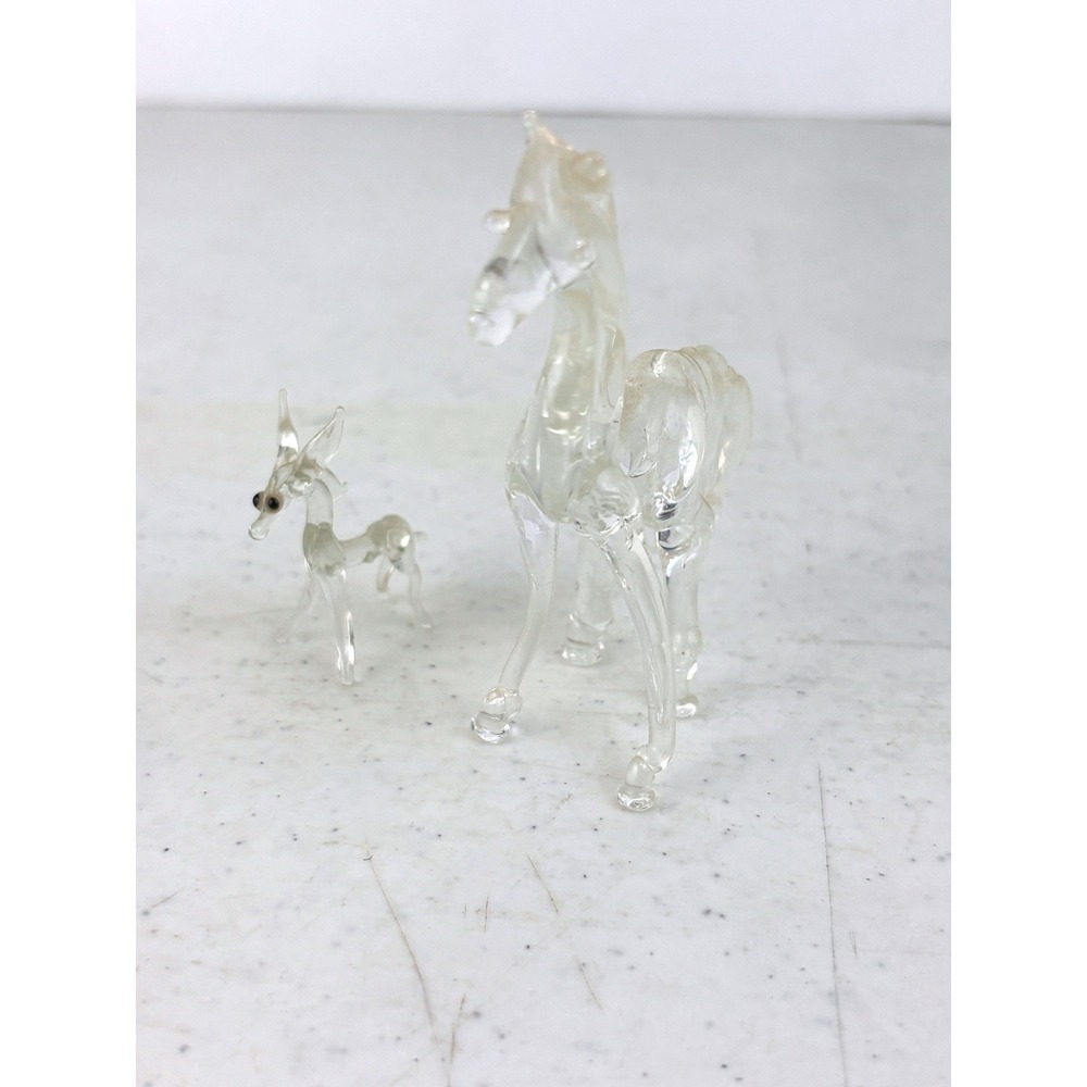 Clear Hand Blown Glass Mother and Baby Horse Figurines Set of 2